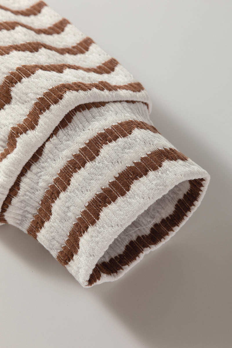 Stripe Textured Hooded V Neck Casual Long Sleeve Top