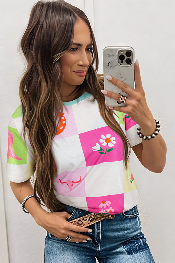 Western Fashion Checker Print Crewneck T Shirt