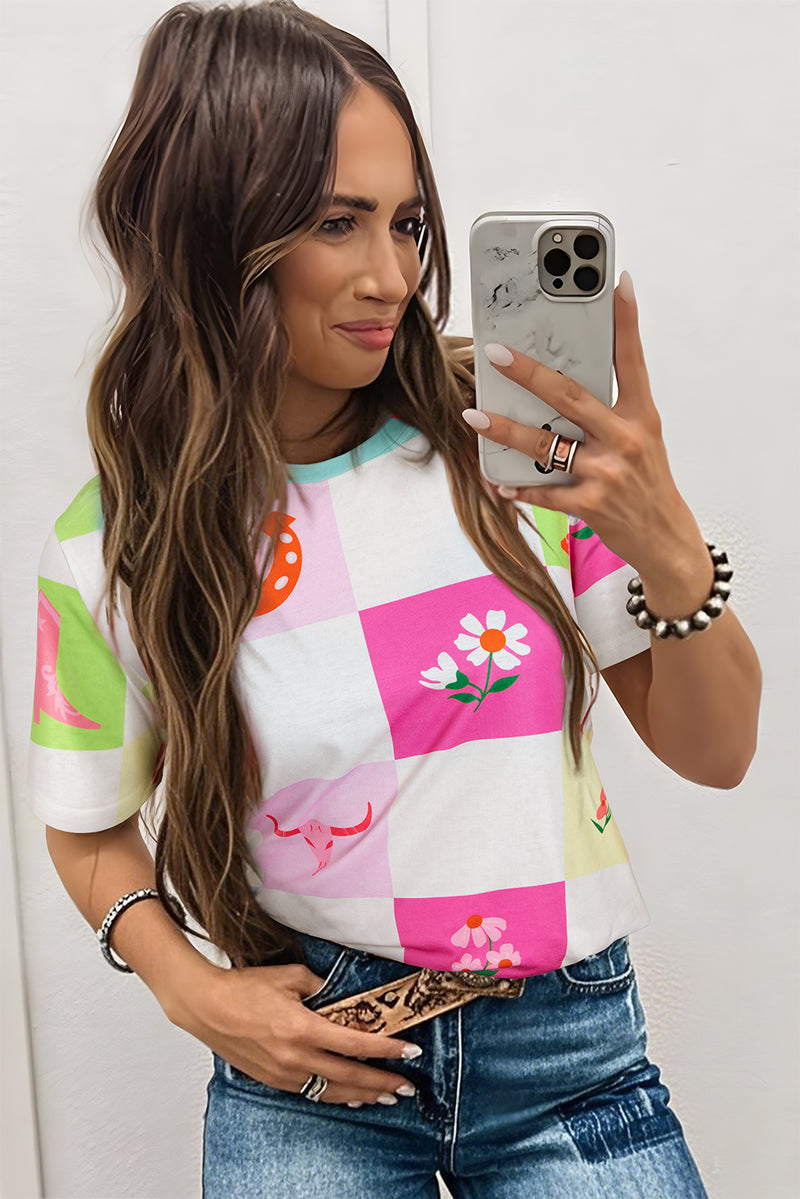 Western Fashion Checker Print Crewneck T Shirt
