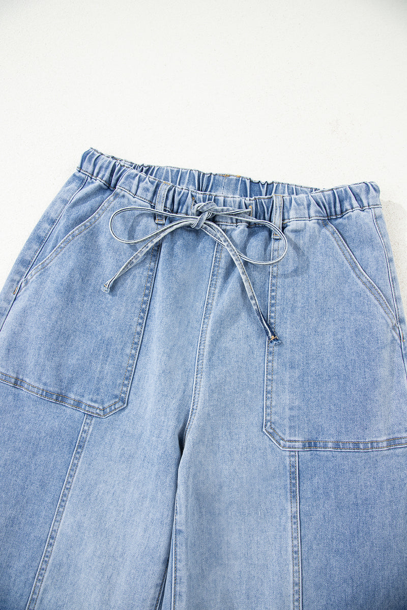 Drawstring Seam Detail Raw Hem Wide Leg Denim Pants