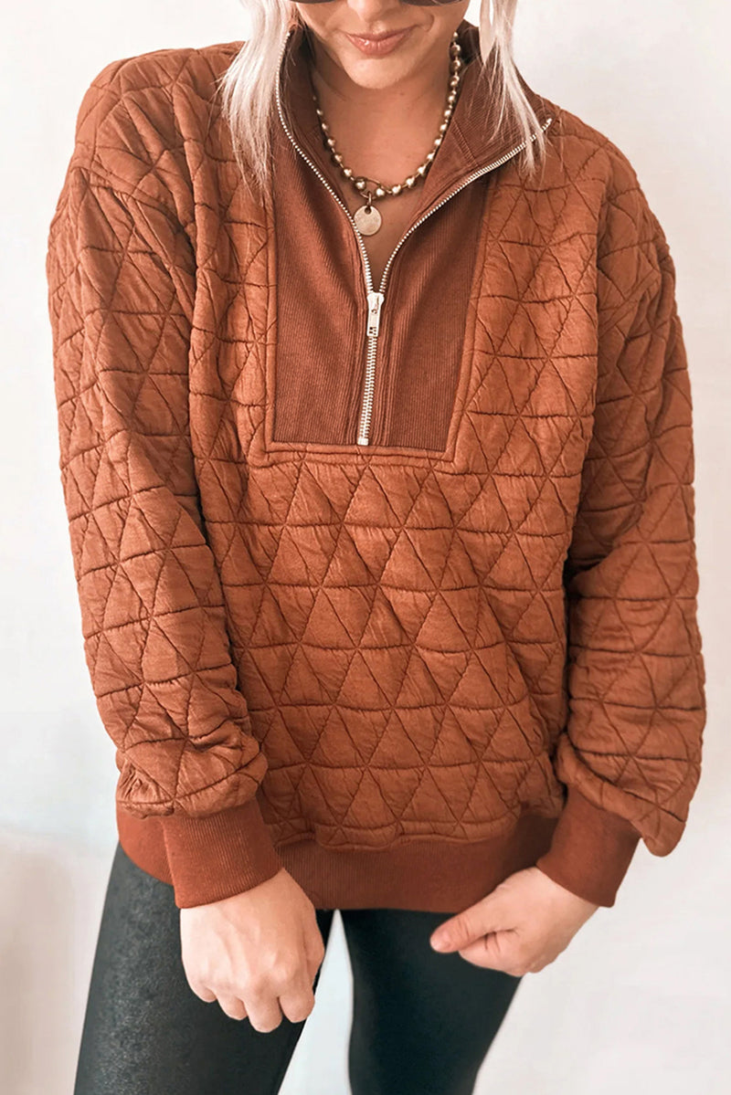 Geometric Quilted Half Zipped Loose Sweatshirt