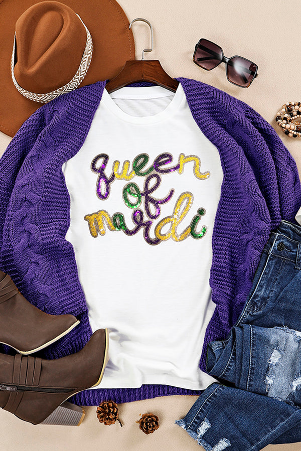 Queen of mardi Sequin Letter Graphic T Shirt