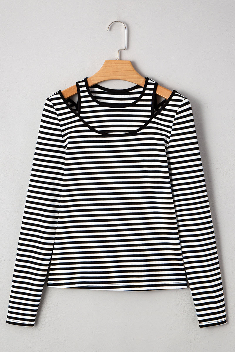 Stripe Double-layer Cold Shoulder Long Sleeve Top