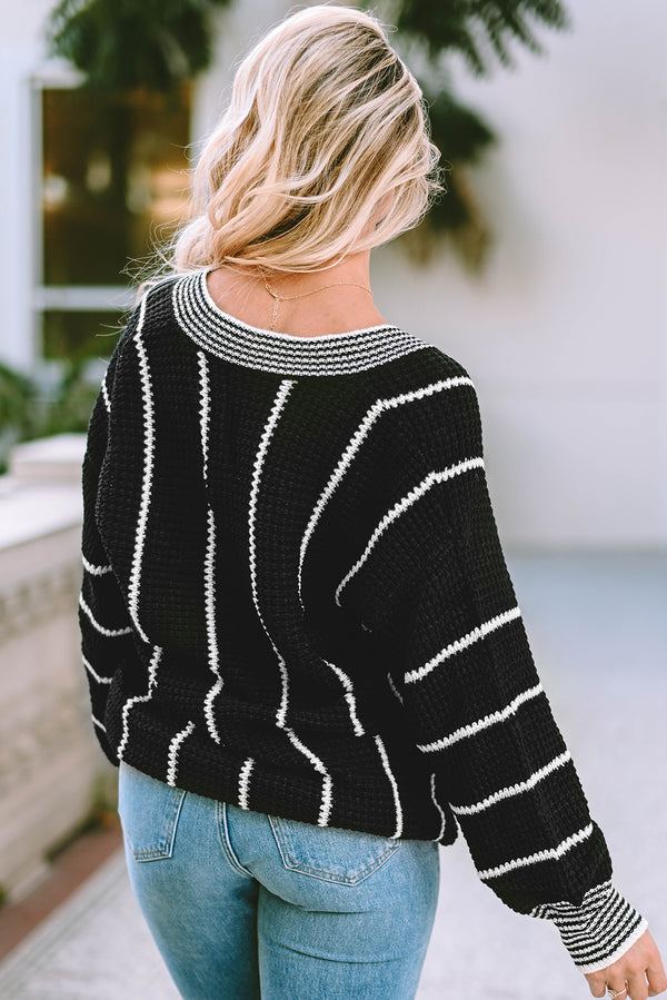 Colorblock Striped V Neck Knitted Loose Sweater