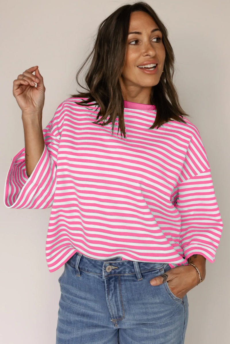 Stripe Bowknot Cutout Back Drop Shoulder Wide Bracelet Sleeve Loose Tee