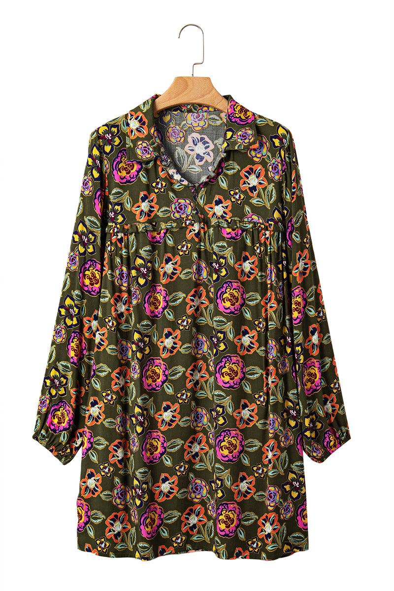Floral Print Split Neck Bubble Sleeve Shift Mini Dress