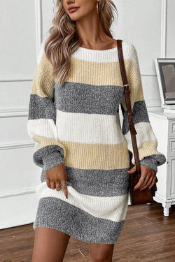 Stripe Colorblock Bubble Sleeve Drop Shoulder Sweater Dress