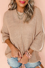 Light French Contrast Striped 3/4 Sleeve Crew Neck Sweater