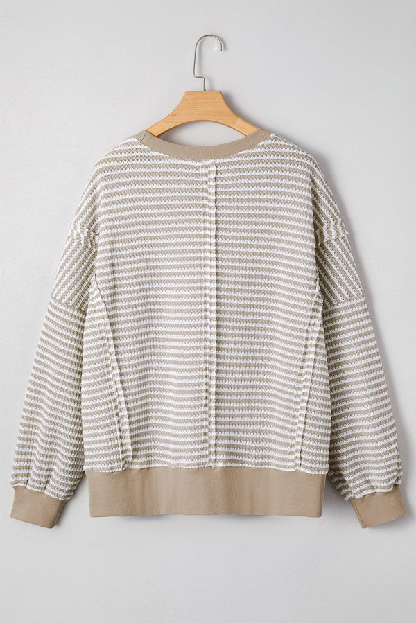 Stripe Ribbed Trim Drop Shoulder Long Sleeve Oversize Top