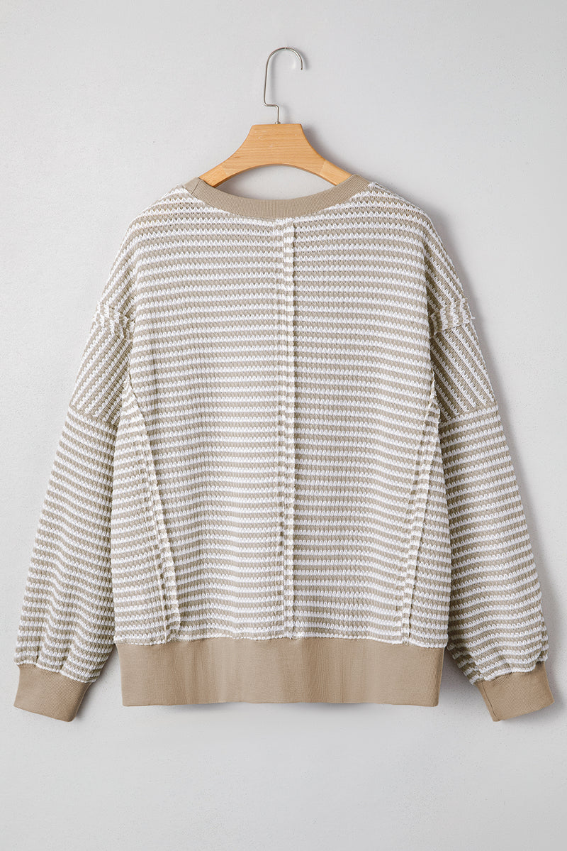 Stripe Ribbed Trim Drop Shoulder Long Sleeve Oversize Top
