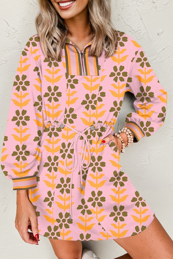 Floral Print Zip Neck Striped Patchwork Long Sleeve Drawstring Dress
