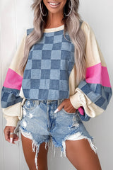 Oversized Checkered Denim Exposed Seam Patchwork Casual Sweatshirt