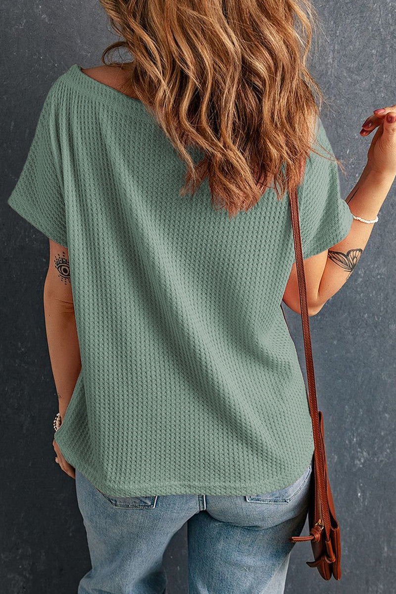 Solid Waffle Knit Boat Neck Short Sleeve Top