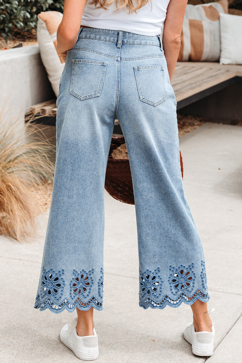 Embroidered Cropped Wide Leg High Waist Jeans