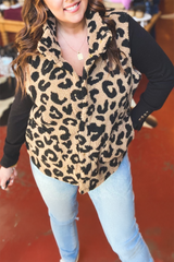 Leopard Sherpa Button Front Collared Plus Size Vest Jacket
