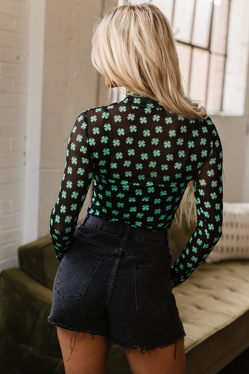 St Patrick Shamrock Printed Long Sleeve Mesh Bodysuit