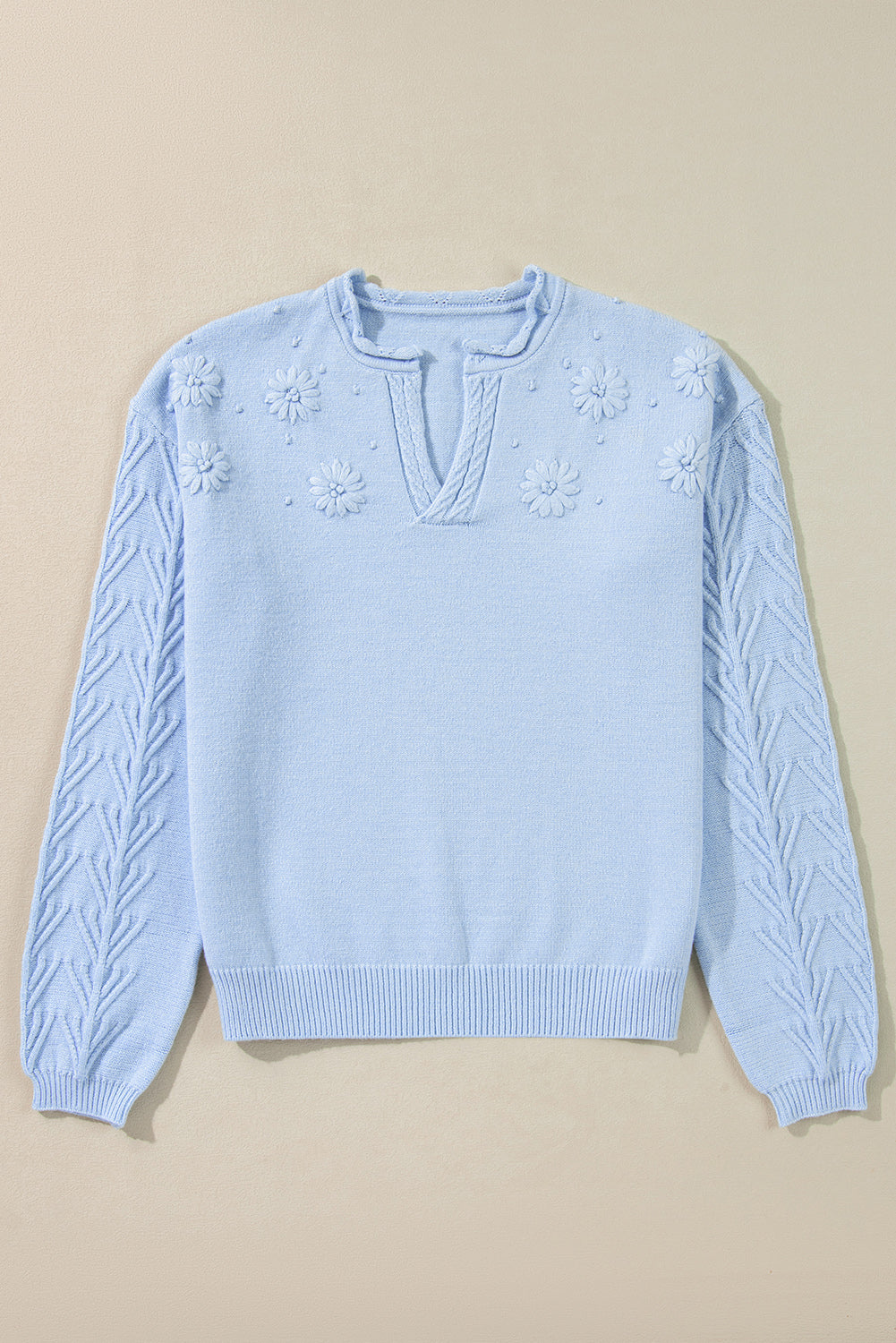 Solid Flower Detail Knitted Notched Neck Sweater