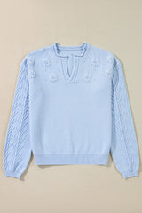 Solid Flower Detail Knitted Notched Neck Sweater