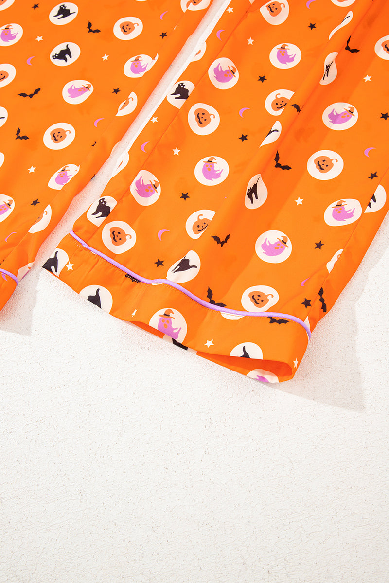 Halloween Print Lapel Shirt Long 2pcs Pajama Set