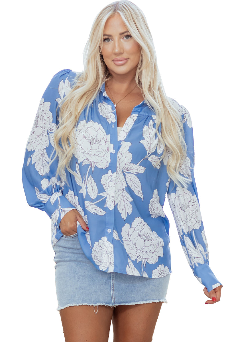 Floral Print Button Up Pleated Detail Puff Sleeve Shirt