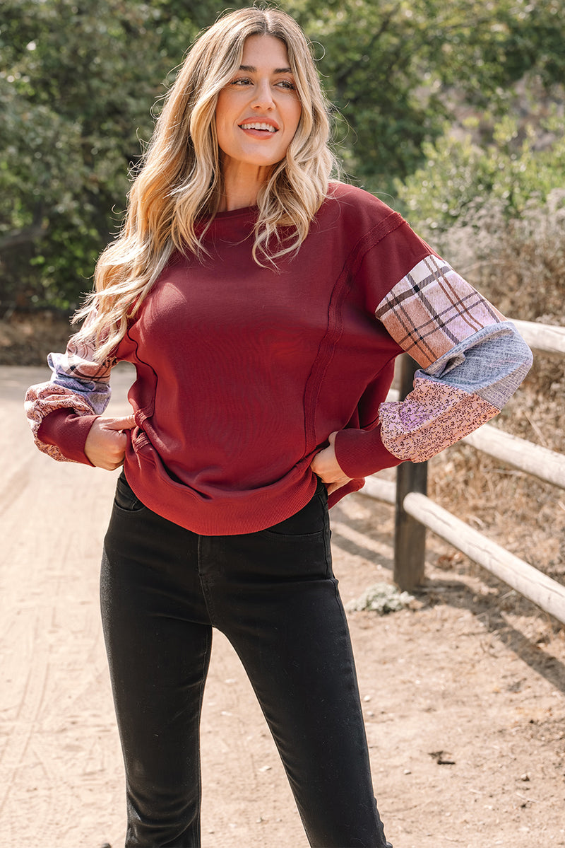 Plaid Colorblock Patchwork Sleeve Raw Seam Sweatshirt