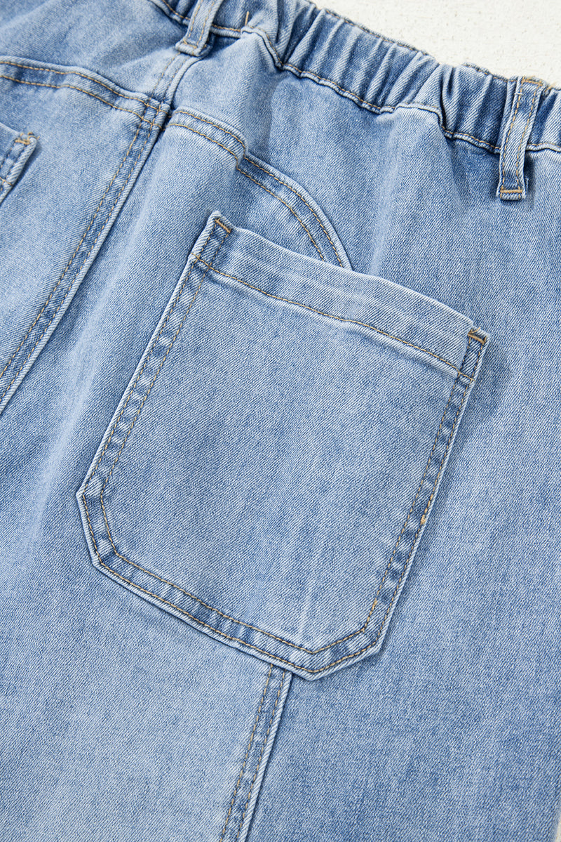 Drawstring Seam Detail Raw Hem Wide Leg Denim Pants