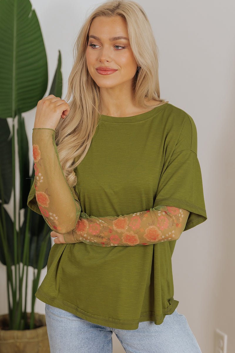 Solid Faux Two Piece Floral Long Sleeve Patchwork Tee