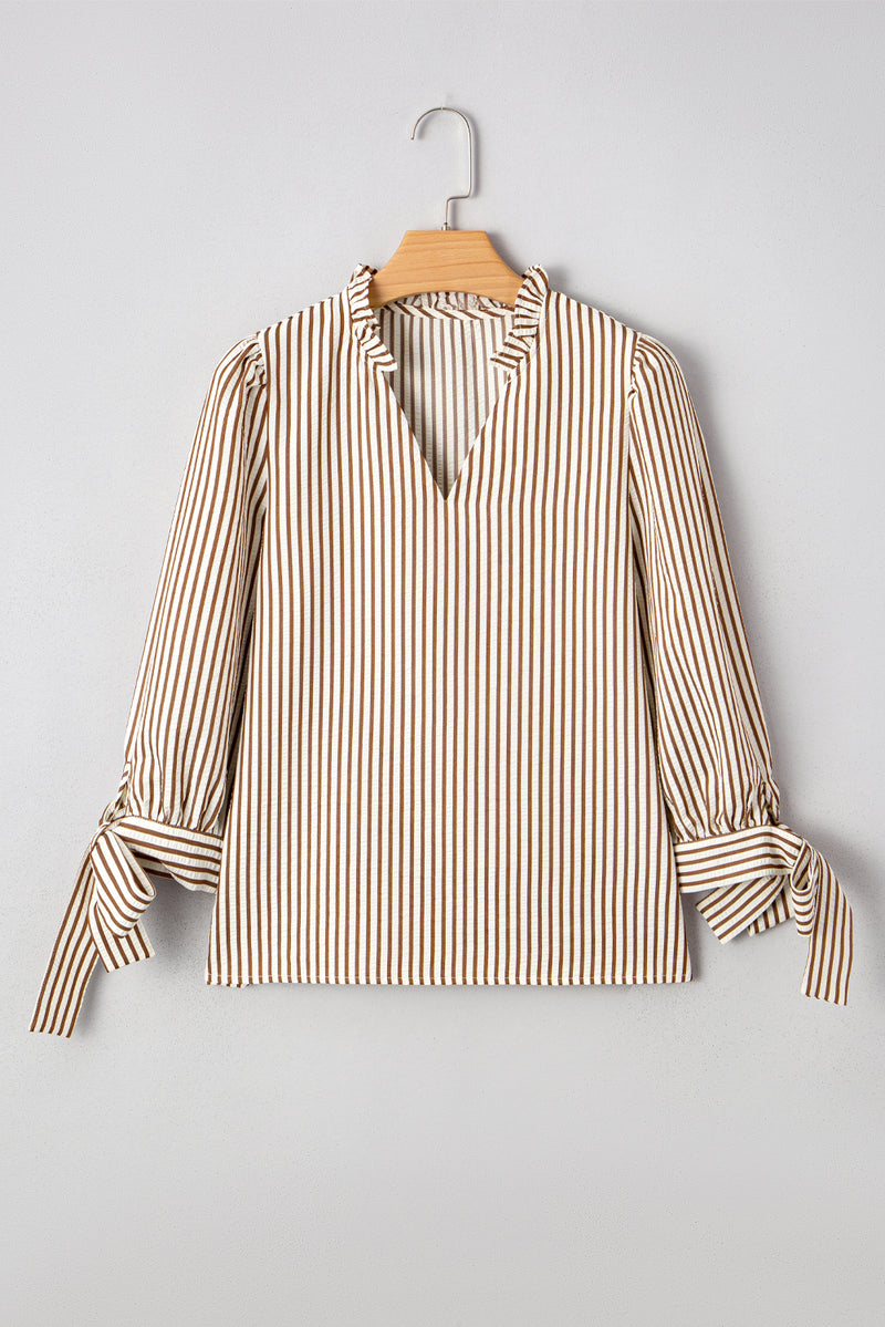 Striped Print Tied Cuffs Split Neck Seersucker Blouse