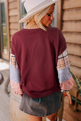 Plaid Colorblock Patchwork Sleeve Raw Seam Sweatshirt
