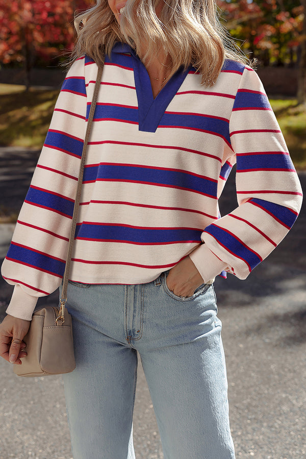 Stripe Color Block Polo Pullover Sweatshirt