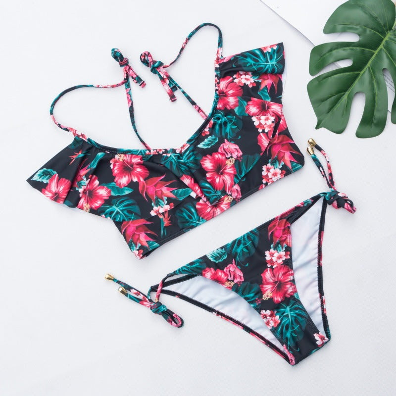 Black Tropical Floral Ruffle Halter Bikini Set sexy print