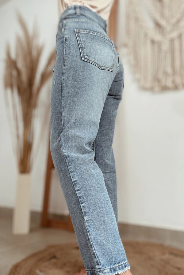 Blue Slightly Distressed Ankle-length Straight Jeans