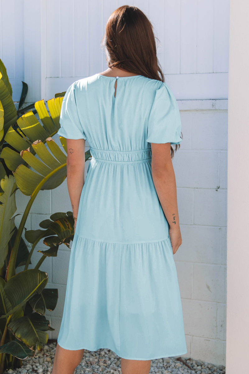Solid Puff Sleeve Pleated High Waist Flowy Midi Dress