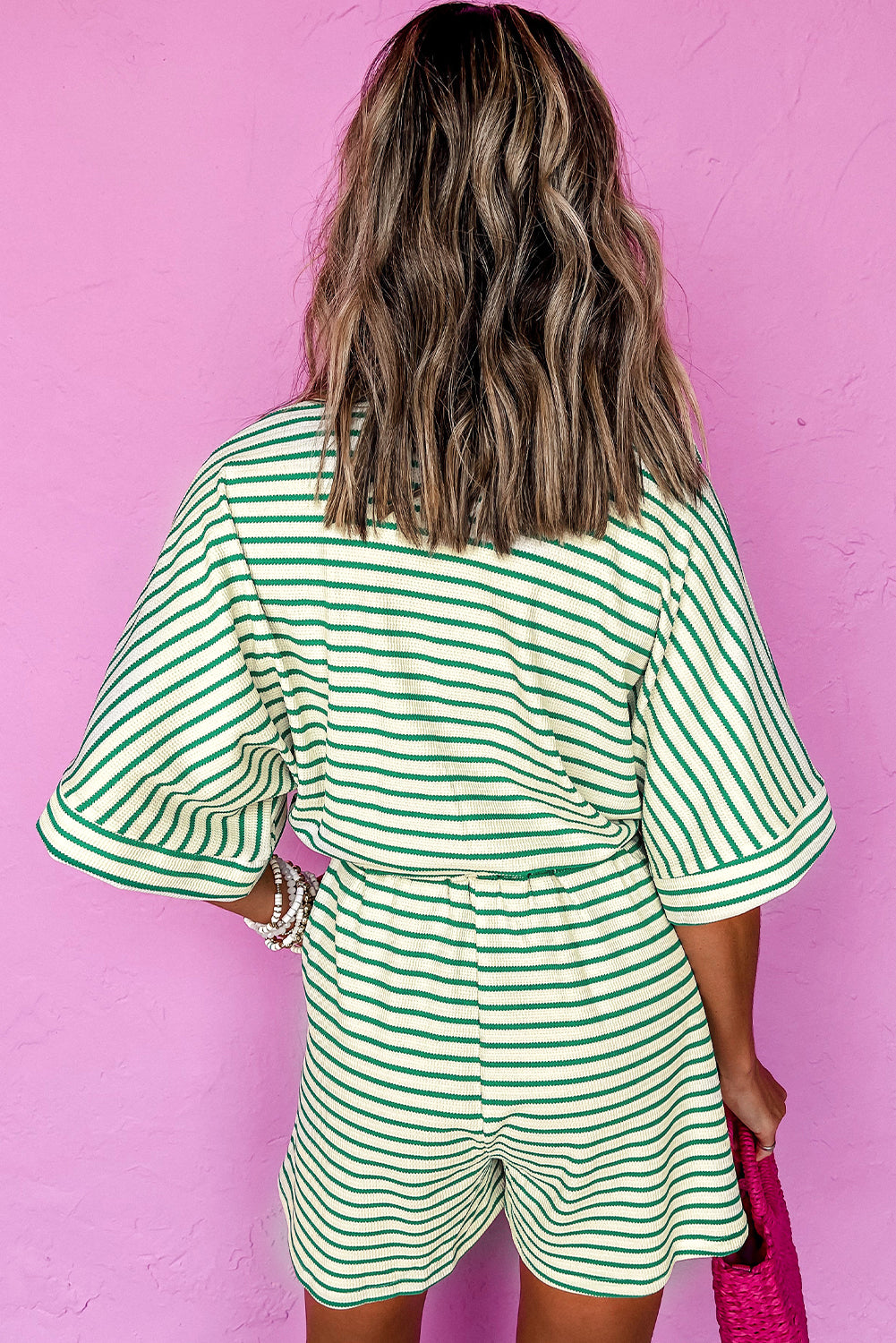 Stripe Textured Short Sleeve Collared Buttoned Waist Tie Romper
