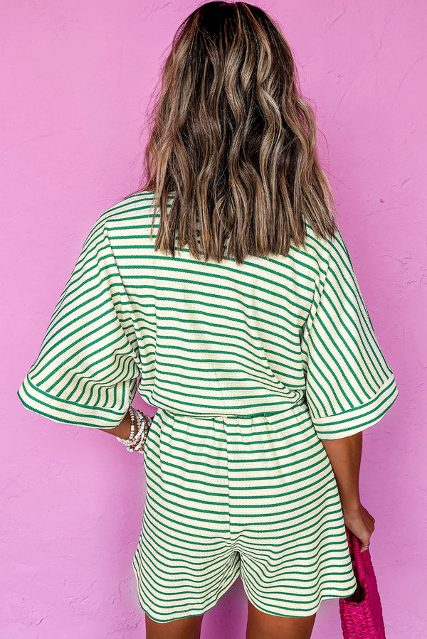 Stripe Textured Short Sleeve Collared Buttoned Waist Tie Romper