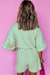 Stripe Textured Short Sleeve Collared Buttoned Waist Tie Romper