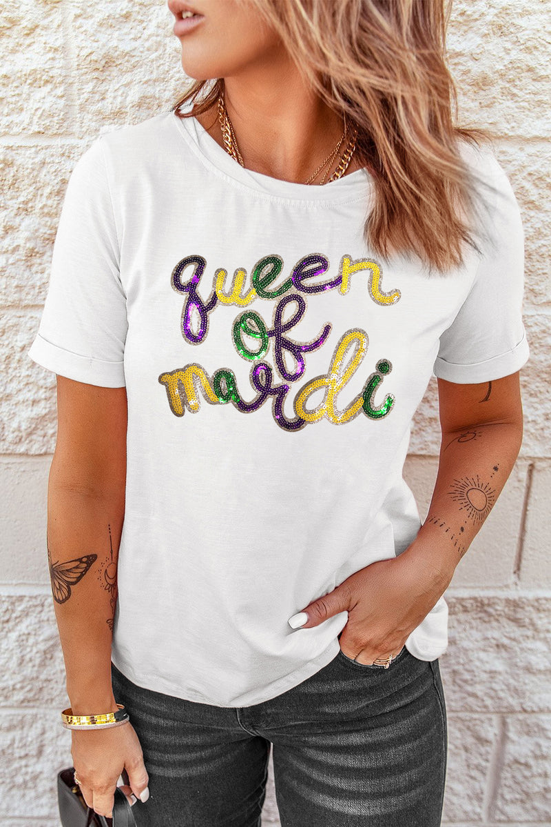 Queen of mardi Sequin Letter Graphic T Shirt