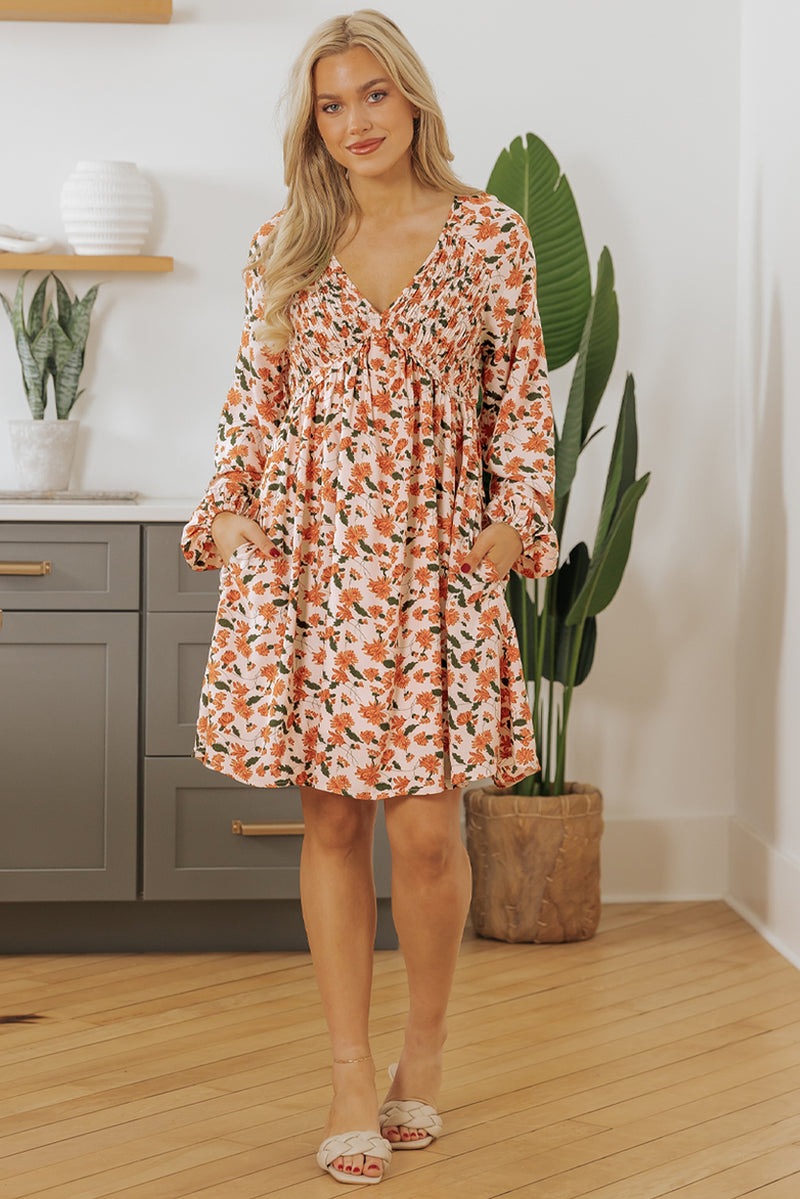 Floral Deep V Neck Smocked Bust Bubble Sleeve Babydoll Dress