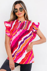 Abstract Print Shirred Yoke Ruffled Blouse