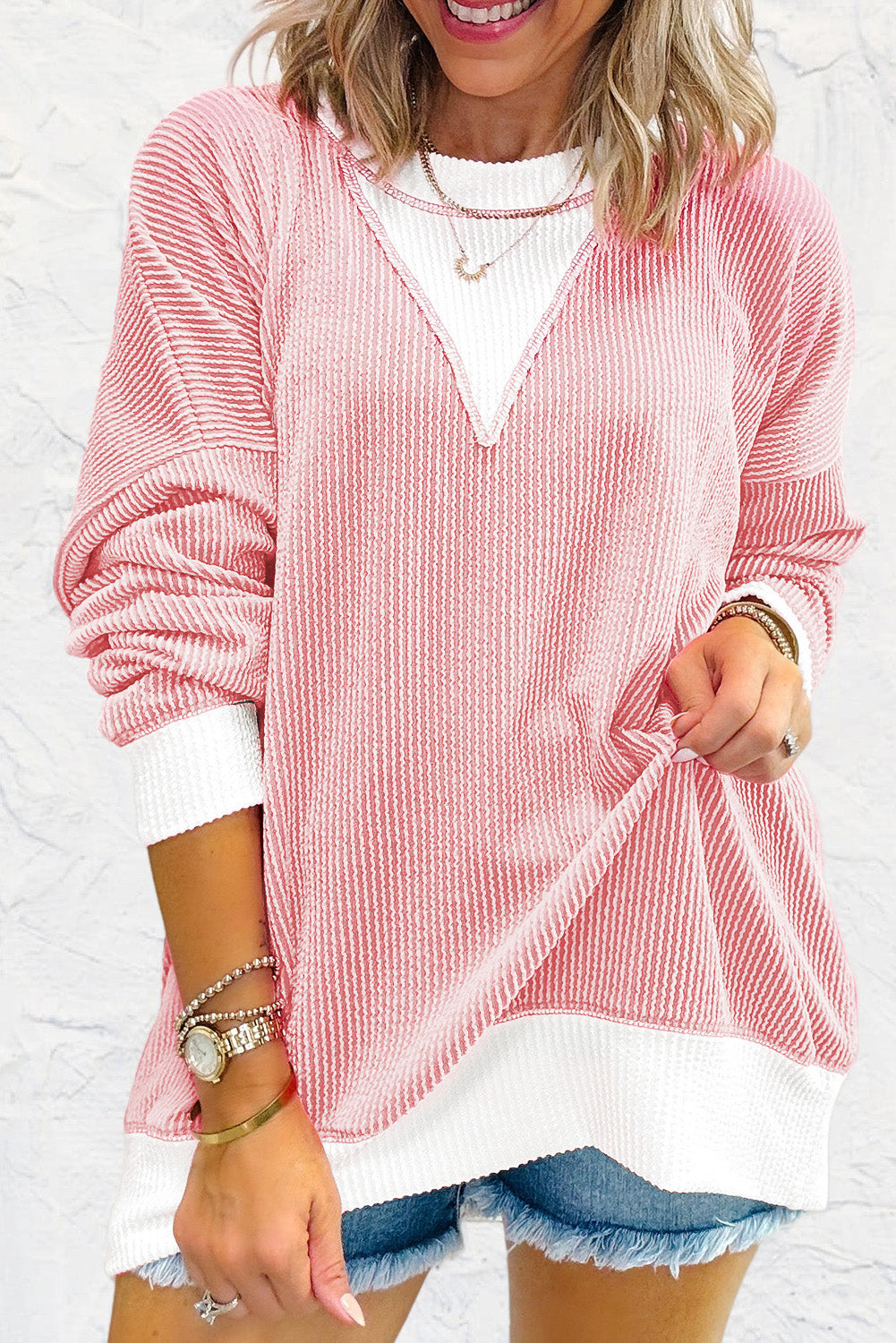 Corded Color block Drop Shoulder Loose Top