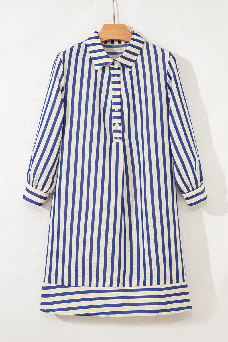 Stripe Collared Half Button Side Pockets Loose Fit Mini Dress