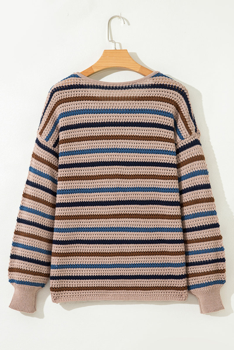 Multicolour Striped Knitted Drop Shoulder Round Neck Sweater