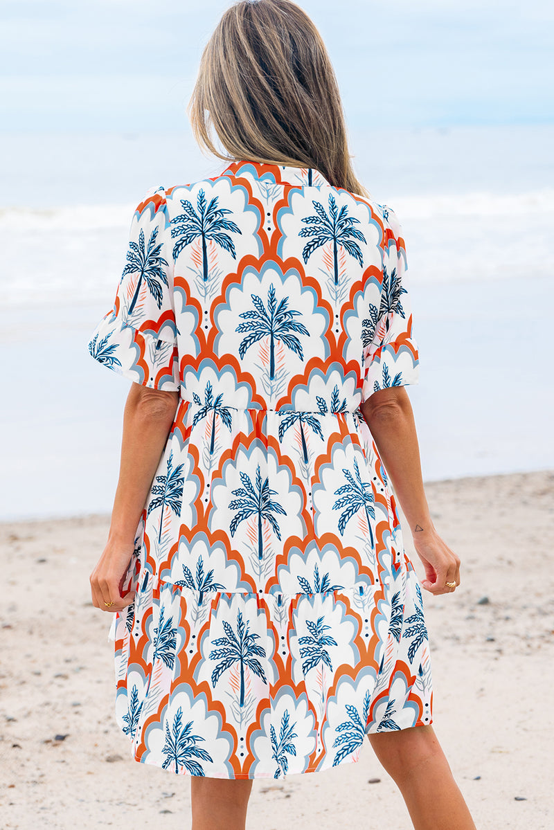 Contrast Palm Tree Printed Short Sleeve Flowy Dress