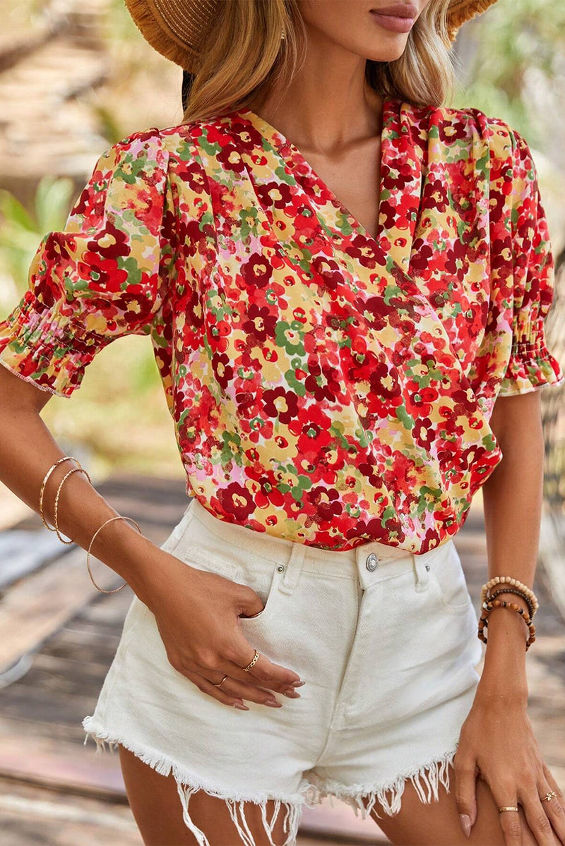 Floral Bubble Sleeve Pleated V Neck Wrap Blouse