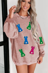 Easter Rabbit Patched Pattern Corded Crewneck Sweatshirt