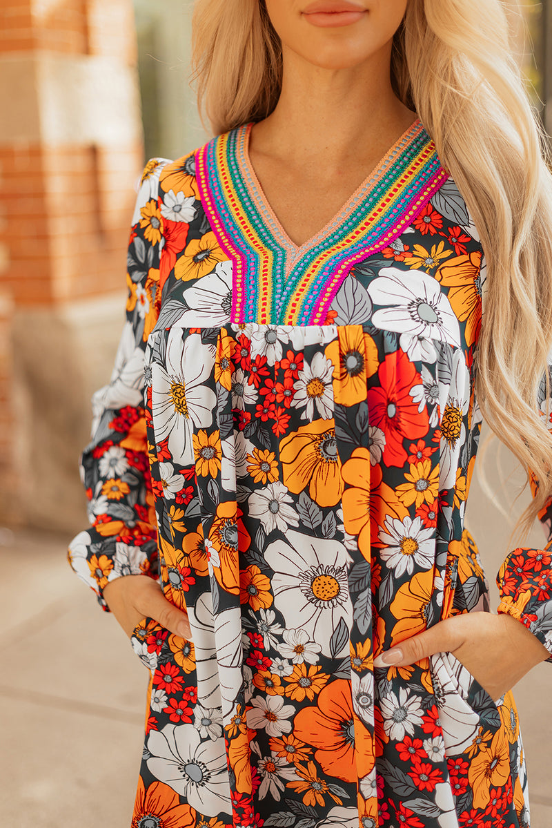 Floral Print Striped Lace V Neck Long Sleeve Mini Dress