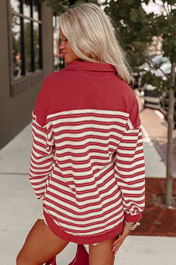 Stripe Buttoned V Neck Collared Drop Shoulder Top