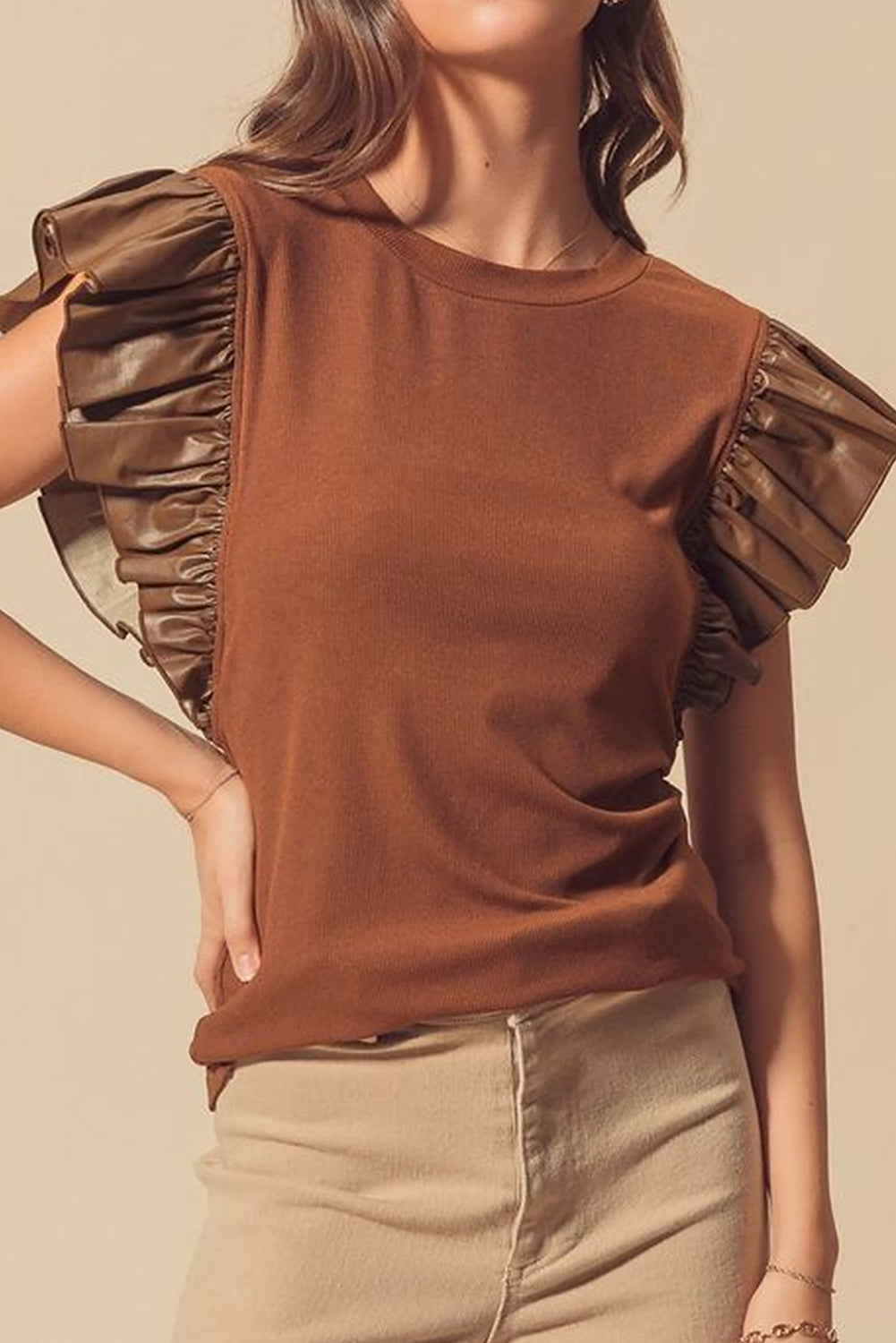 Solid Leather Ruffle Sleeve Patchwork Round Neck Blouse