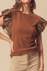 Solid Leather Ruffle Sleeve Patchwork Round Neck Blouse