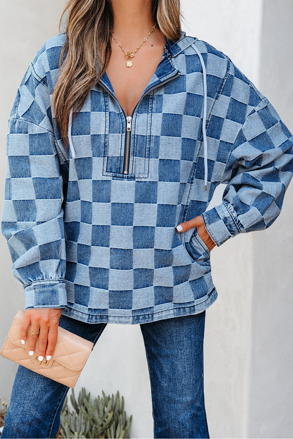 Checkerboard Zipped Neck Kangaroo Pocket Denim Hoodie